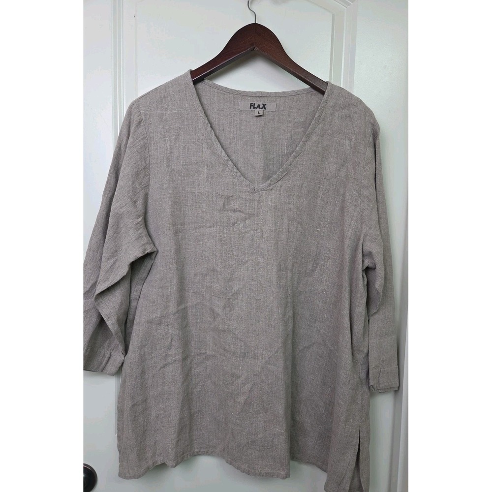 Flax 100% Linen Tunic Top Tan V Neck 3/4 Sleeve Lagenlook Size L Lithuania